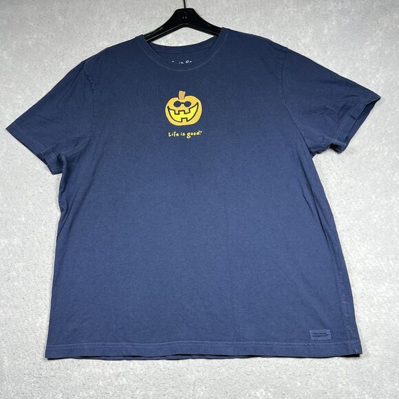 Life Is Good T-Shirt Mens Size 2XL Blue Halloween Jack-O-Lantern Crew Neck - Picture 1 of 11